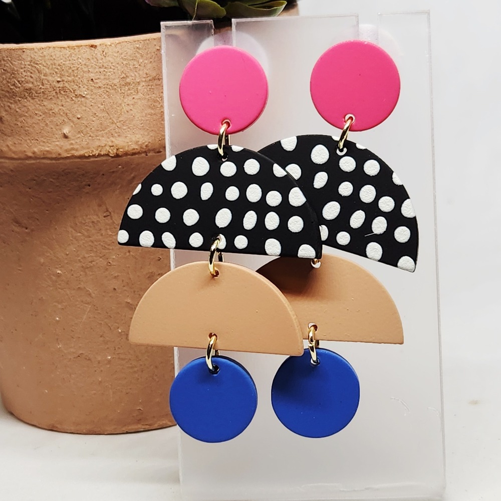 Multicolor Polymer Clay Geometric Polka Dot Drop Earrings Matte Statement Post